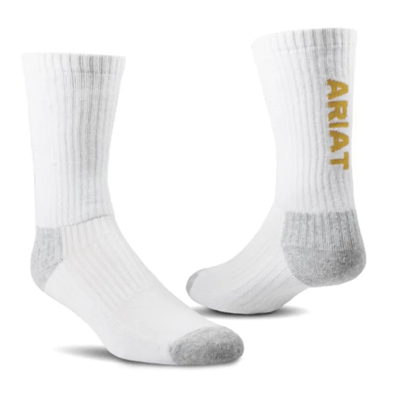 cushioned ski socks for men-  Ariat Men's White 3 Pack Crew Socks