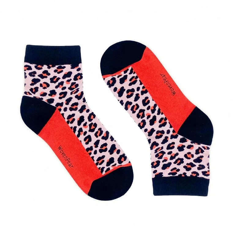 ski socks for outdoor adventures-  Woven Pear Women's Pink Leopard Mini Socks