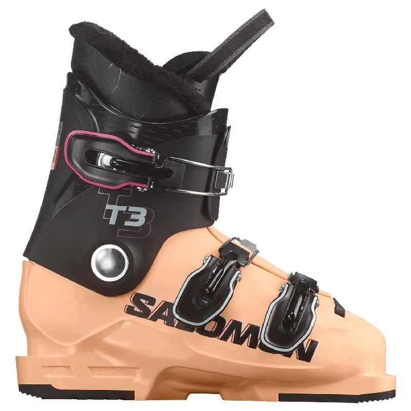 Ski boots for tall boots-Salomon Kids T3 RT Ski Boot 2025 Black/Beach Sand/White