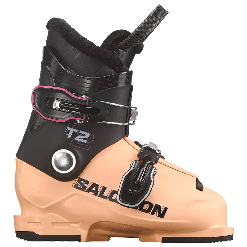 Ski boots for boot height-Salomon Kids T2 RT Ski Boot 2025 Black/Beach Sand/White